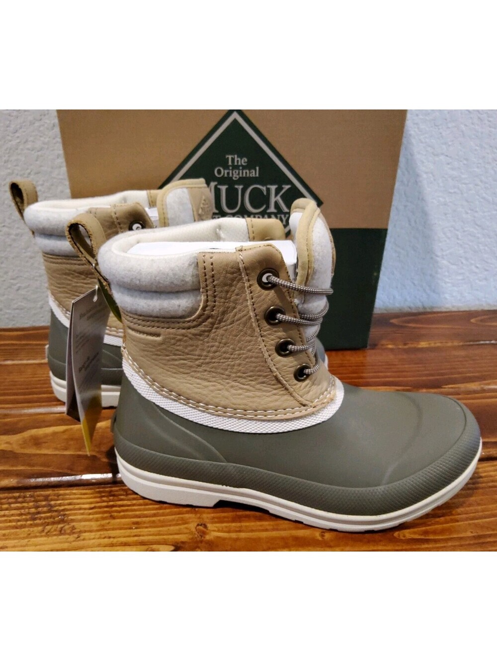 Muck Boots Originals Duck Lace Women’s 6 Waterproof Taupe/Walnut Rubber Rain - Picture 1 of 9